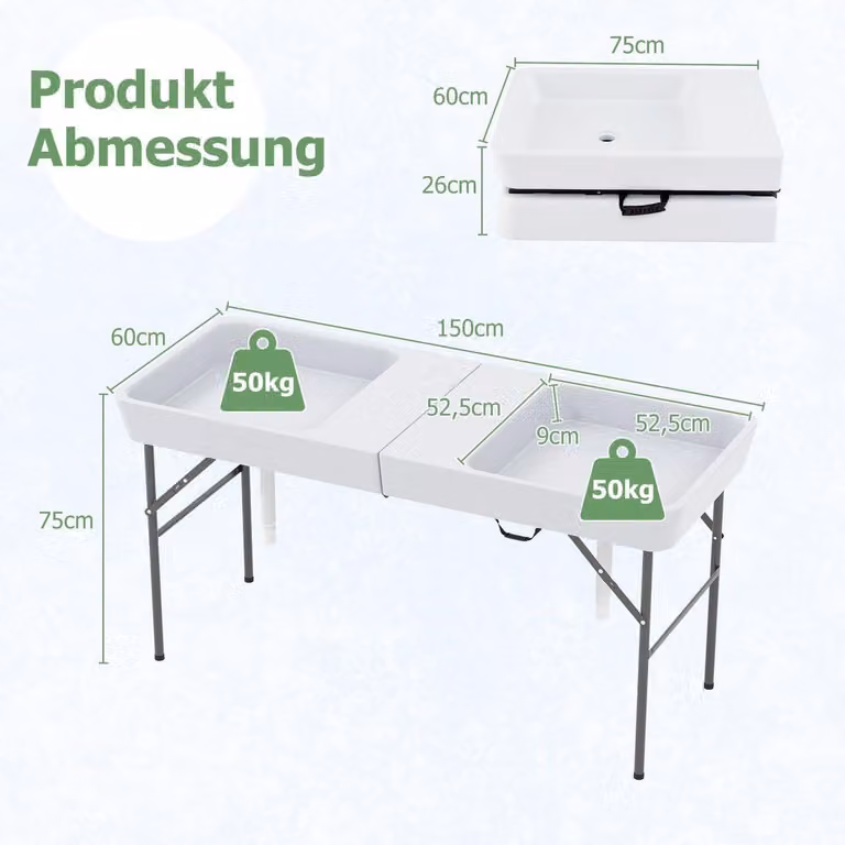 Mesa plegable para camping Northix con doble lavabo y manguera de desagüe en color blanco y multicolor