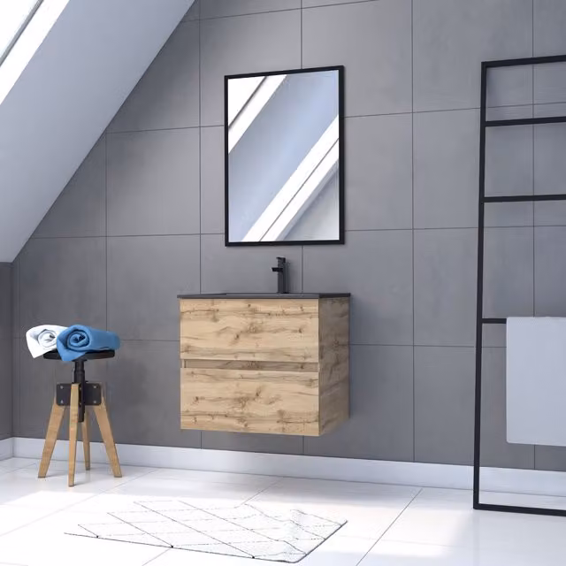 Mueble de baño AURLANE moderno con lavabo, espejo y 2 cajones en color castaño y negro, An/P/Al: 60 x 45 x 81 cm