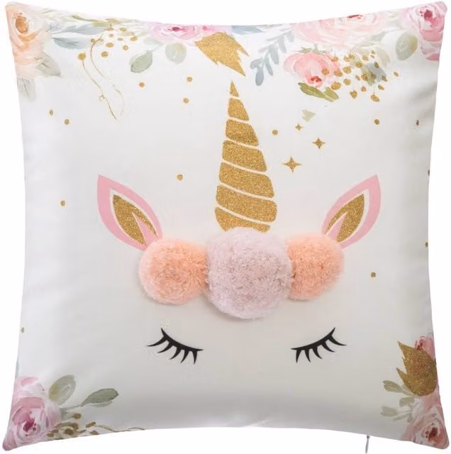 Cojín cuadrado de unicornio Atmosphera multicolor y blanco para niños