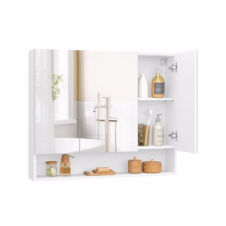 Armario de baño de pared VASAGLE con puertas de espejo y estantes internos, blanco y plata, An: 90 cm, P: 16,5 cm, Al: 75 cm