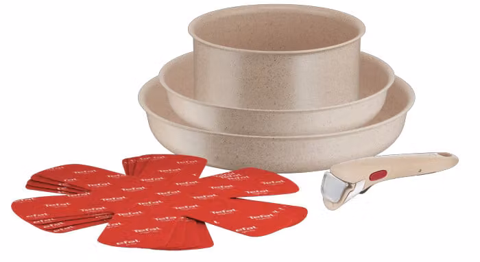 Set de cocina Tefal Ingenio Delight On de 8 piezas en color beige con mango extraíble, revestimiento antiadherente y compatible con inducción