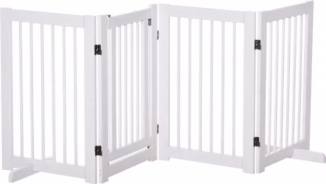Barrera de seguridad plegable para perros PawHut de madera con soporte de pie, color blanco, An/P/Al: 204 x 36 x 75 cm