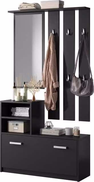Juego de recibidor Selsey Yesfir moderno con espejo y zapatero en color negro y marrón de MDF para tu pasillo