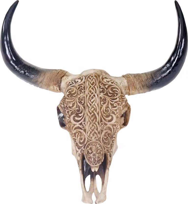 Cráneo de toro Longhorn Mendler con motivos tribales en color beige, decoración de resina para interior y exterior, Altura: 65 cm