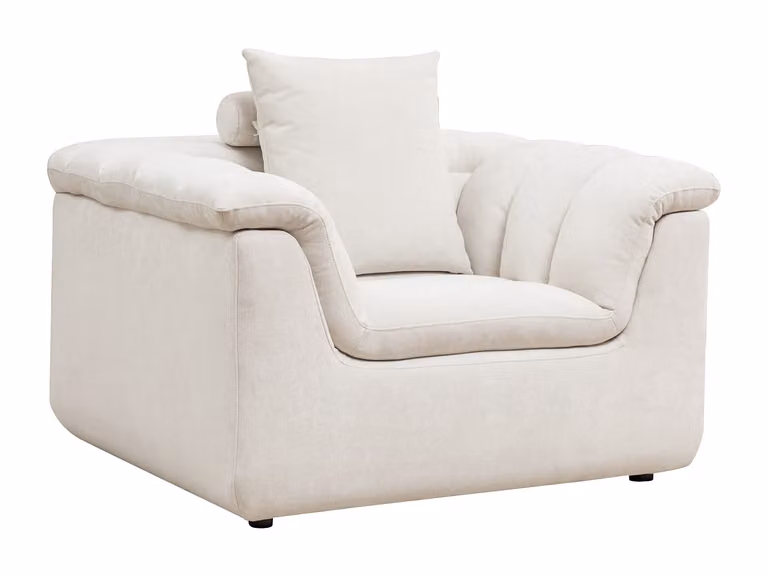 Sillón de diseño CAZOCHA en tela blanca con reposabrazos para salón o dormitorio, An/P/Al: 101 x 68 x 115 cm