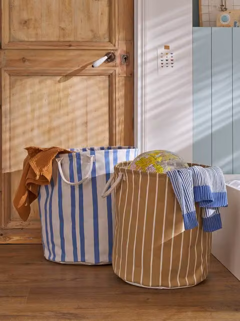 Lote de 2 cestas de almacenaje textiles con asas Vertbaudet para niños en color beige con rayas
