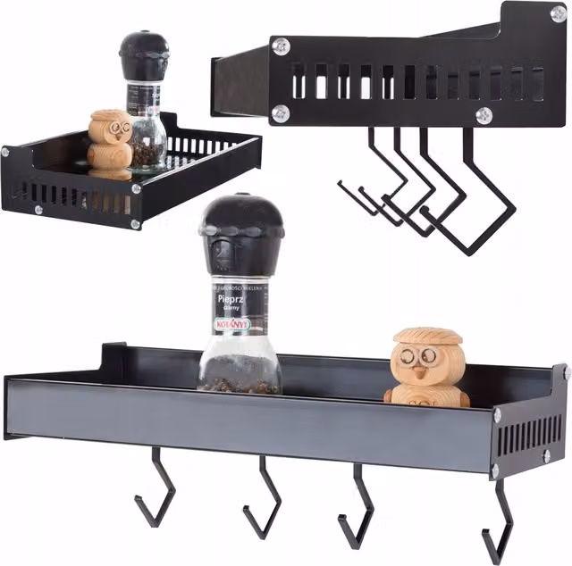 Estante de cocina Gaba de metal negro con diseño industrial y montaje en pared