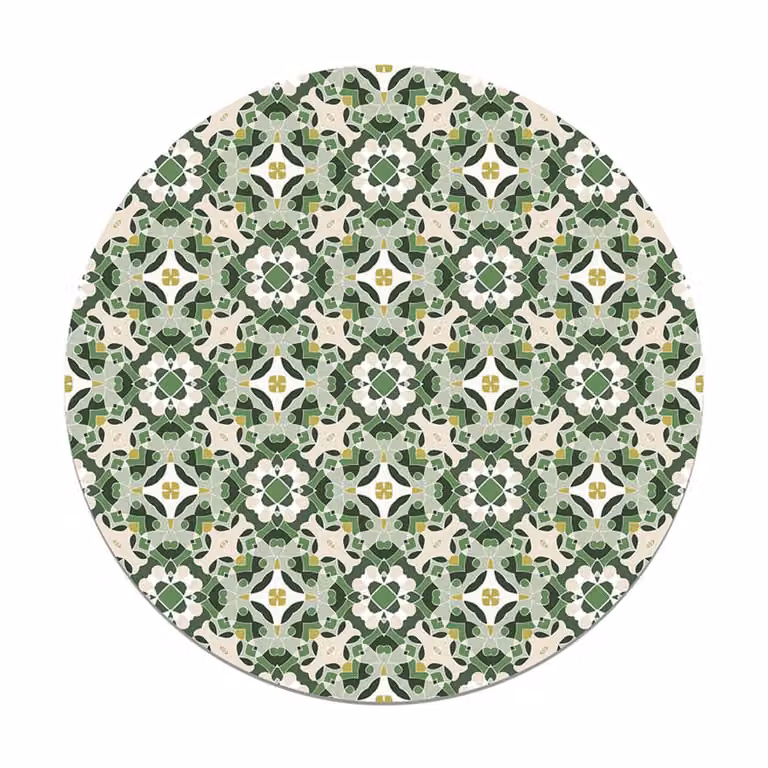 Alfombra redonda de vinilo con diseño oriental hidráulico en color verde, Diámetro: 190 cm
