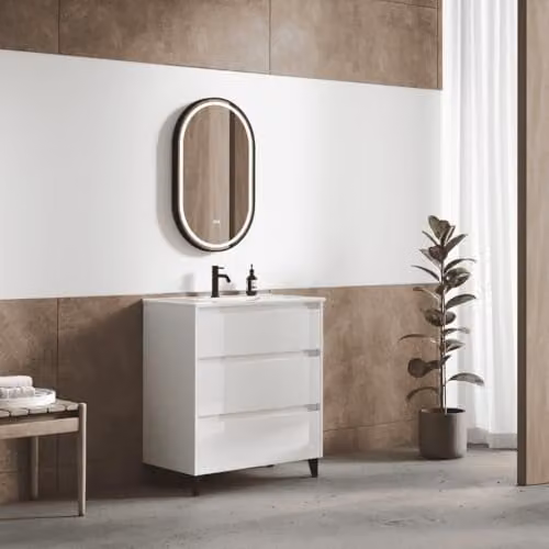 Mueble de baño a suelo BAÑO TOTAL con lavabo cerámico, diseño moderno en blanco brillo y patas negras con 3 cajones y sistema soft close, An: 80 cm