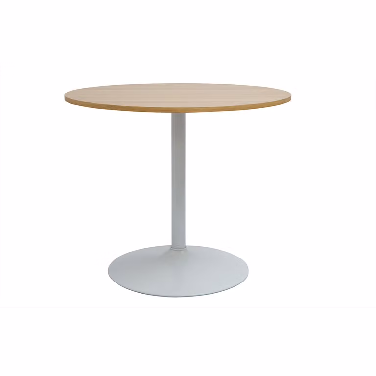 Mesa de comedor redonda CALISTA con acabado en roble blanco y diseño moderno, Diámetro: 90 cm
