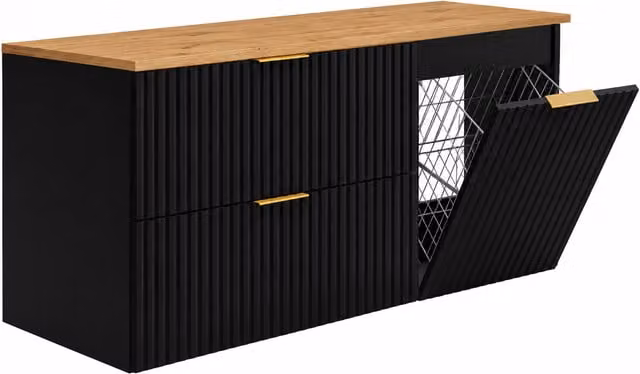 Conjunto de muebles de baño moderno 3XE LIVING con mueble lavabo, armario lateral y cesto para la ropa, acabado mate en negro y roble con tiradores dorados, An/P/Al: 120 x 46 x 57 cm