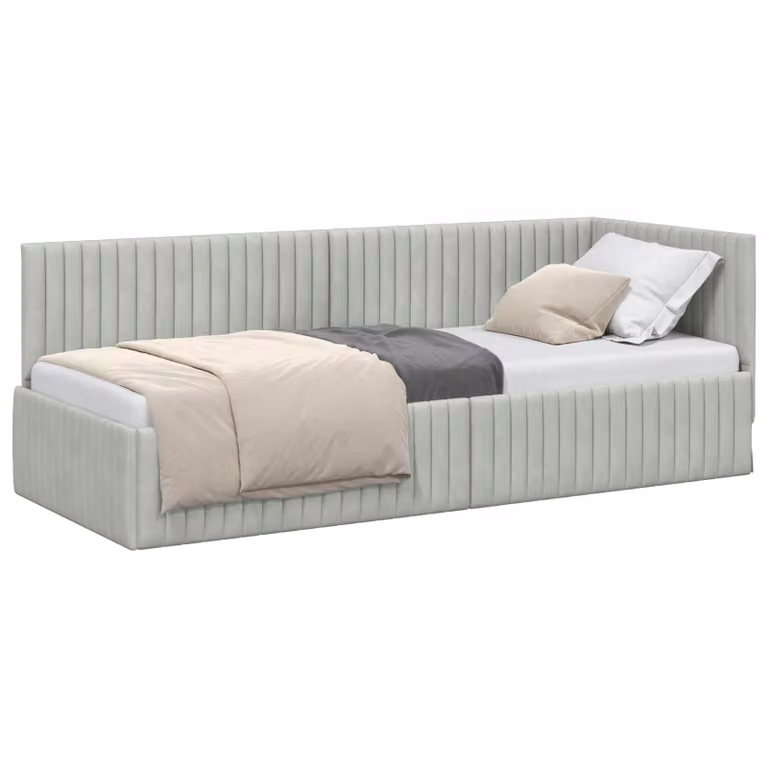 Estructura de cama en esquina vidaXL tapizada en terciopelo gris con chaise longue y láminas de madera, An: 80 cm, Al: 200 cm