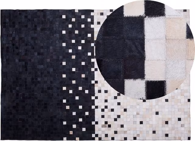 Alfombra de piel de vacuno Beliani con patrón patchwork en negro, beige y multicolor, forma rectangular, An/P: 140 x 200 cm