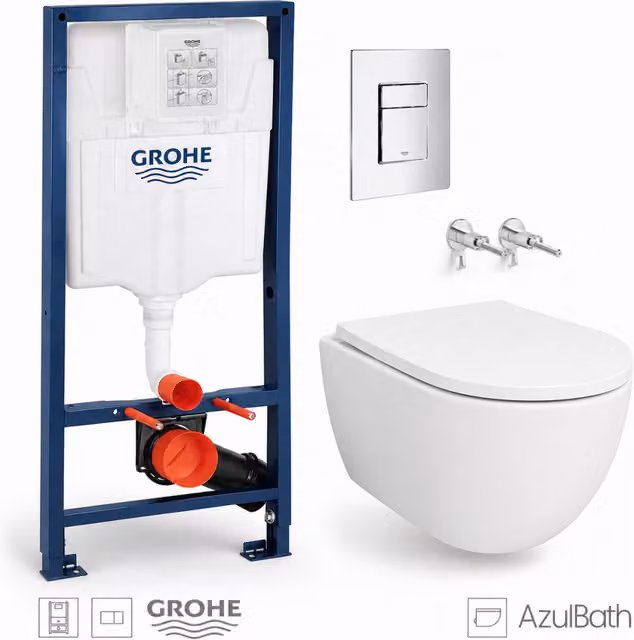 Pack de inodoro suspendido Azul Bath Swiss de 53 cm con bastidor empotrado Grohe, pulsador en cromo brillo y cierre suave soft-close en color blanco