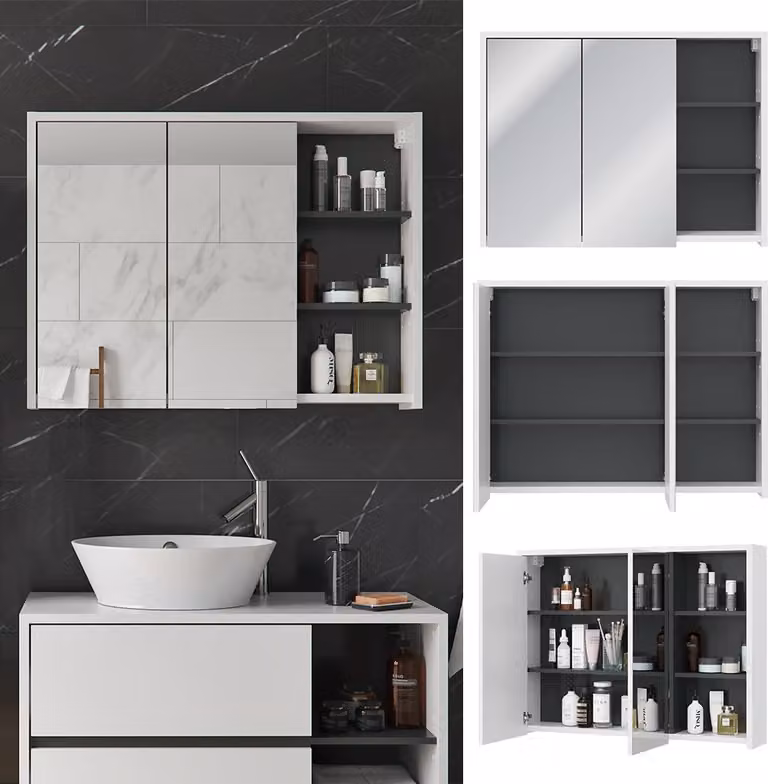 Armario de baño con espejo Vicco Viola Blanco y Antracita An: 100 cm, Al: 75 cm