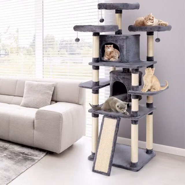 Árbol rascador para gatos NORTHIO con cueva y juguetes integrados, color marrón y gris, Altura: 170 cm