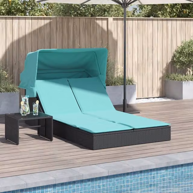 Tumbona doble con toldo y cojines Maison Exclusive en poliratán negro y turquesa con reposacabezas ajustable