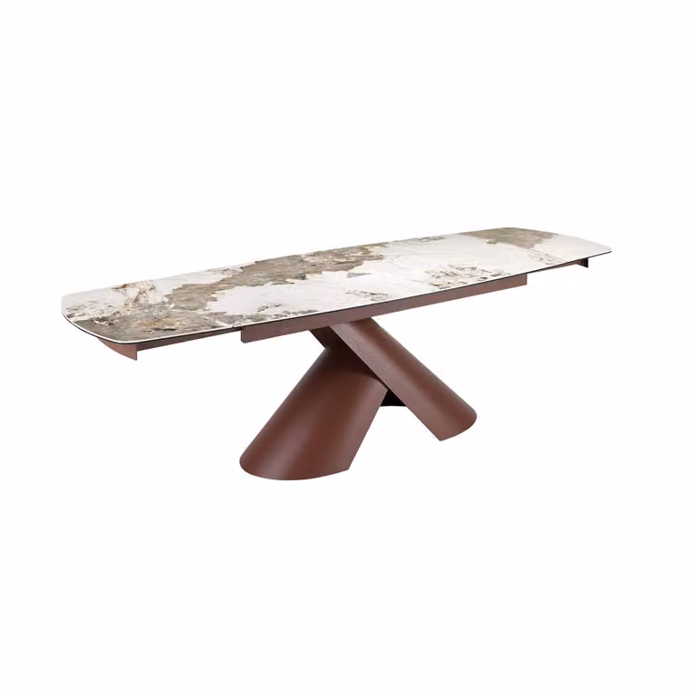 Mesa de comedor extensible ovalada Angel Cerdá con porcelánico blanco y acero marrón cobrizo An/P/Al: 180 x 100 x 75 cm