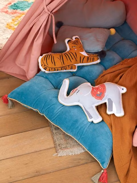 Pack de 2 cojines infantiles Eden India de Vertbaudet con motivos de animales, multicolor y marrón, de algodón y poliéster, An/P/Al: 37 x 29,5 x 2 cm