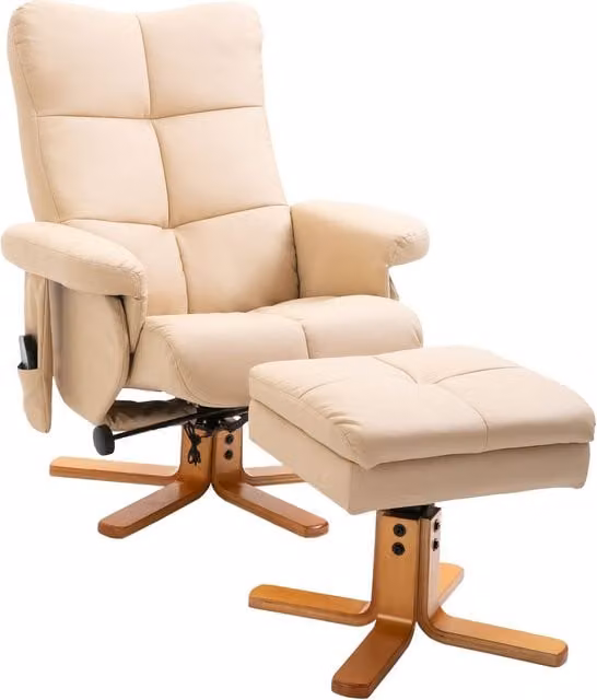 Sillón reclinable relax NORTHIX con reposapiés en piel sintética y estructura de madera sólida disponible en beige, blanco o multicolor