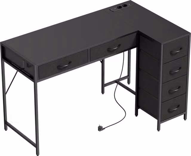 Escritorio Esquinero HOMCOM con 6 Cajones, Gancho Lateral y Tomas Integradas en Madera y Acero, Negro, An: 126 cm, P: 48 cm, Al: 80 cm