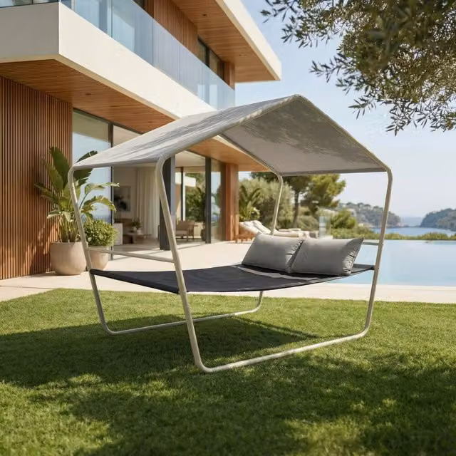 Cama balinesa de jardín HAPPERS con estructura de acero y textil resistente a la intemperie en colores blanco, gris y multicolor An/P/Al: 250 x 137,5 x 233 cm