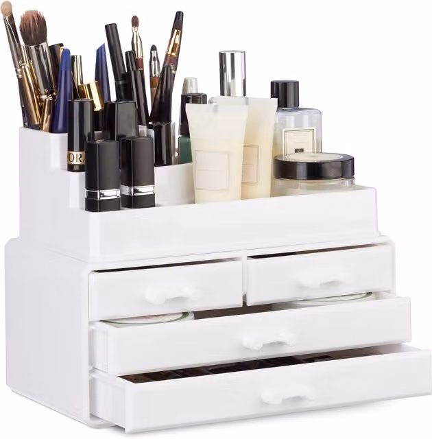 Set de 2 organizadores de maquillaje de acrílico blanco y transparente de relaxdays con 4 cajones y soporte para esmaltes y labiales, An/P/Al: 23,5 x 19 x 14 cm
