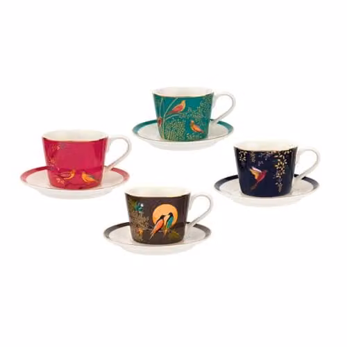 Set de 4 tazas y platillos para café expreso Portmeirion Sara Miller Chelsea Collection en porcelana multicolor y dorado