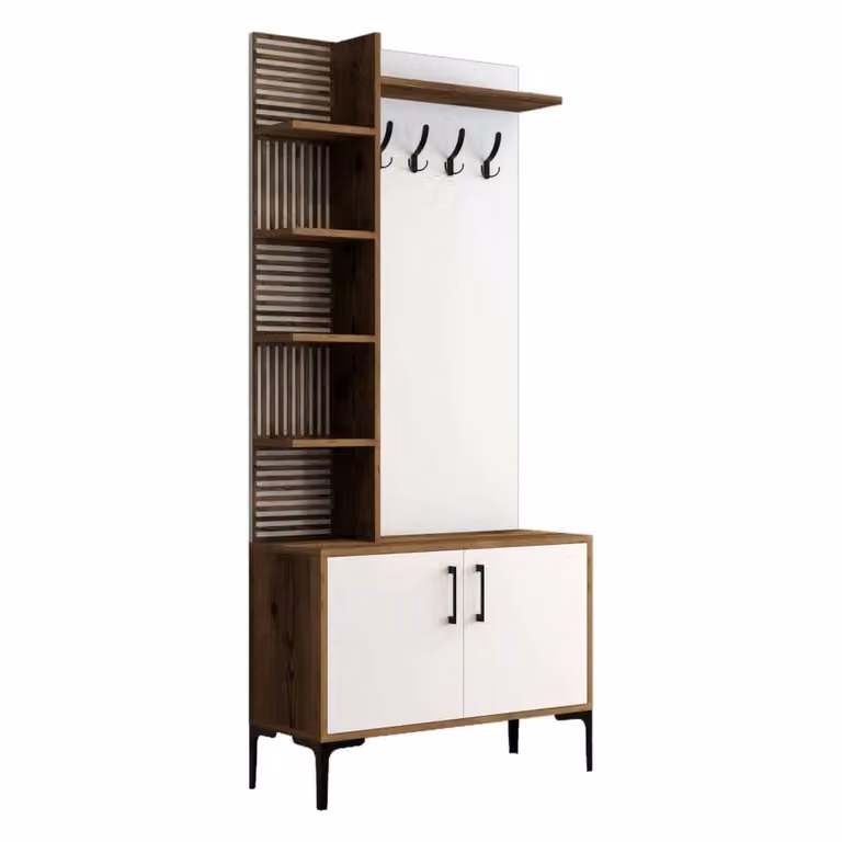 Mueble de entrada Anja de DMORA con perchas y almacenamiento, acabado nogal y blanco, An: 90 cm, P: 35 cm, Al: 200 cm