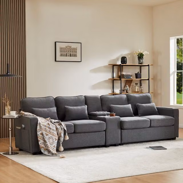 Sofá convertible STILVORA de 5 plazas en lino gris con consola de cine en casa, puertos USB, portavasos y 4 cojines, An/P/Al: 290 x 83 x 88 cm