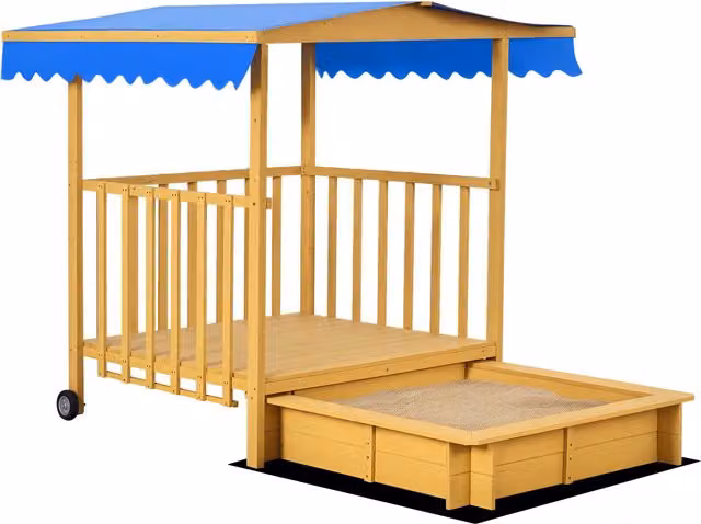 Arenero para niños Outsunny de madera con techo y ruedas, color marrón, An/P/Al: 133 x 129 x 137,5 cm