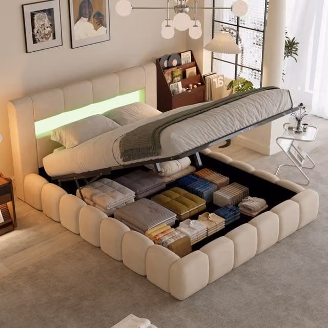 Cama con canapé abatible Concept Usine estilo nube con iluminación LED en terciopelo beige An/P: 140 x 190 cm