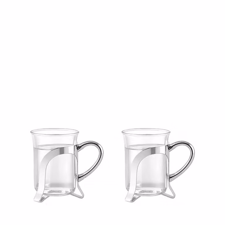 Lote de 2 tazas de café de vidrio transparente con decoración en metal plateado de Aulica