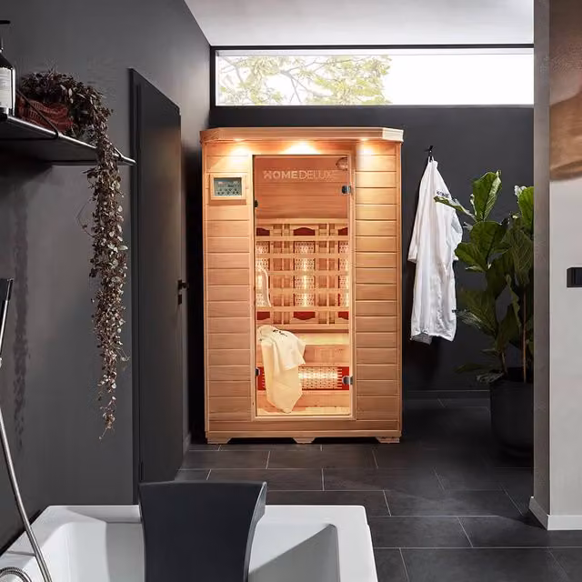 Cabina de infrarrojos Home Deluxe REDSUN M con calefactor de espectro completo para 2 personas, color marrón, An/P/Al: 120 x 105 x 190 cm