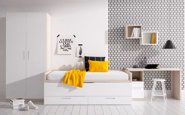 Conjunto de dos camas para dormitorio juvenil Mio de El Corte Inglés en color blanco con dos cajones y estructura de madera de ingeniería