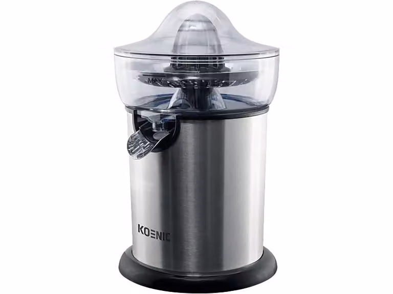 Exprimidor de cítricos Koenic KCP 13021 M de 100 W con 2 velocidades, capacidad de 0,5 l, color transparente y acabado en acero inoxidable con sistema antigoteo