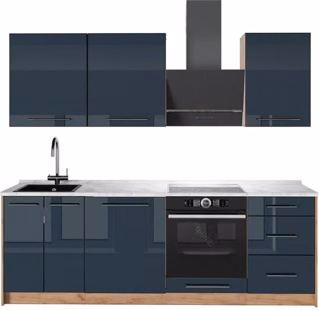 Mueble de cocina Vicco Fame-Line en azul oscuro alto brillo y roble con puertas de cierre suave, An/P/Al: 230 x 60 x 153 cm