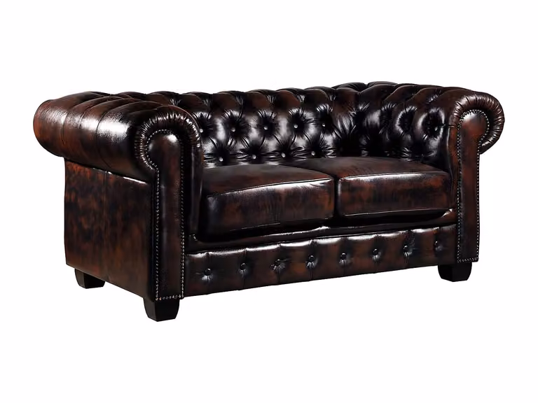 Sofá Chesterfield de 2 plazas VENTE-UNIQUE en piel de búfalo color marrón con estructura de madera sólida
