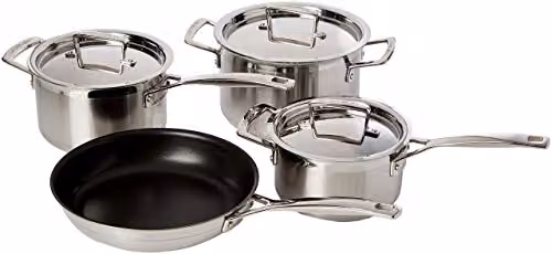 Set de 4 piezas de batería de cocina Le Creuset 3-ply de acero inoxidable y aluminio con revestimiento antiadherente en colores plata y negro