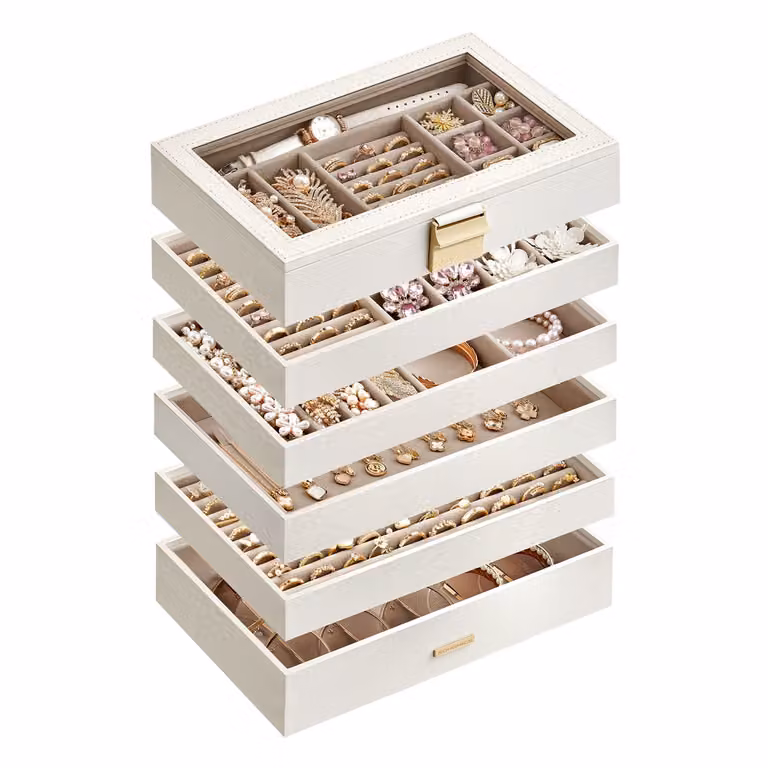 Caja Joyero Apilable SONGMICS de 6 Capas con Tapa de Cristal, Blanco, An/P/Al: 28 x 17 x 25,3 cm
