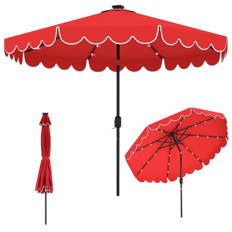 Sombrilla de jardín Northix de 300 cm con luces LED solares, manivela y estructura de acero en colores rojo y multicolor