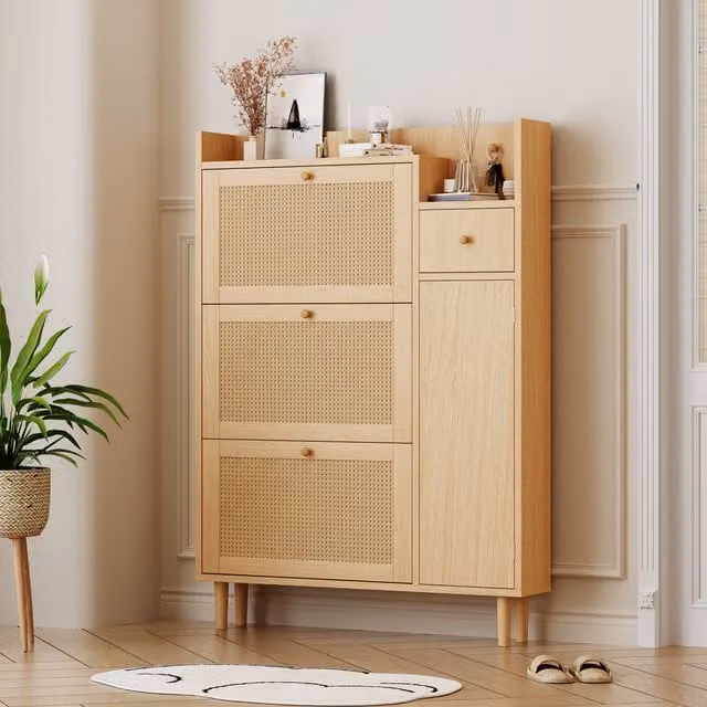 Zapatero MODENVIE de estilo escandinavo con efecto ratán, 3 puertas abatibles, 1 cajón y estantes internos, color beige, An/P/Al: 90 x 17 x 125 cm