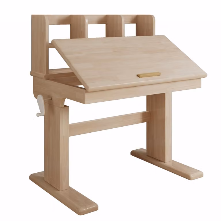Escritorio infantil ajustable Urban Meuble de madera en color beige con tablero inclinado y altura regulable mediante manivela manual