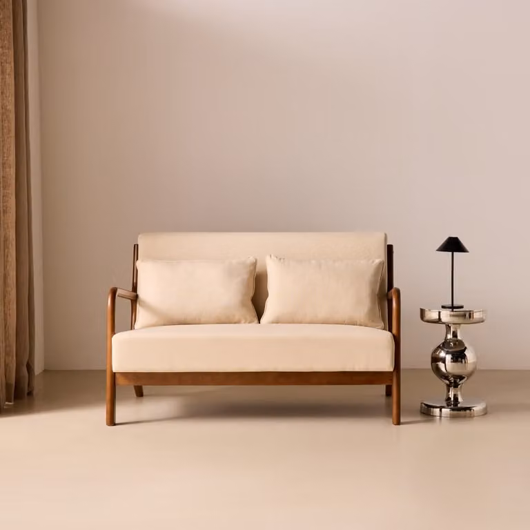 Banco de 2 plazas SWEEEK en madera de hevea oscura y tela beige de estilo escandinavo An/P/Al: 124 x 83 x 77 cm