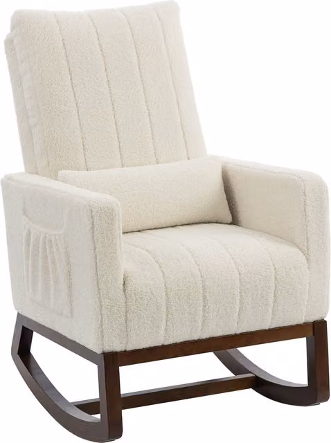 Silla mecedora HOMCOM con respaldo alto, tapizada en franela color beige y base de madera con cojín lumbar y bolsillos laterales