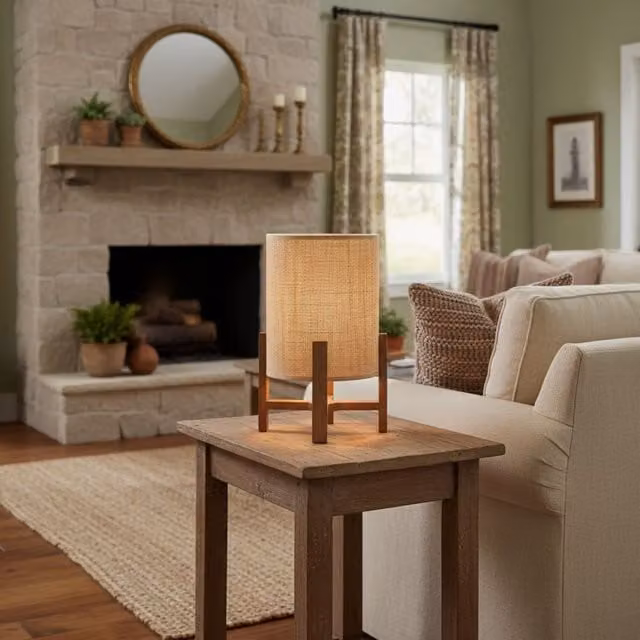 Lámpara de mesa Vinthera en marrón y beige con acabado de madera, An/P/Al: 30 x 19 cm