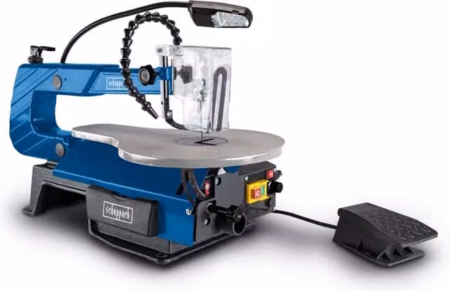 Sierra de calar Scheppach DECO-XLS de 120 W para modelismo en color azul con pedal de control y lámpara LED