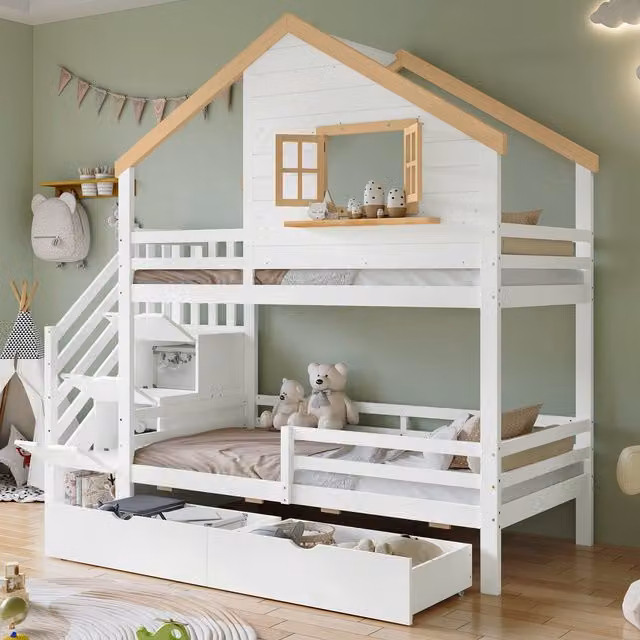Litera infantil DREAMMESPACE con estructura de casa, escalera con almacenamiento y cajones, color blanco y beige, An/P/Al: 200 x 90 x 176 cm