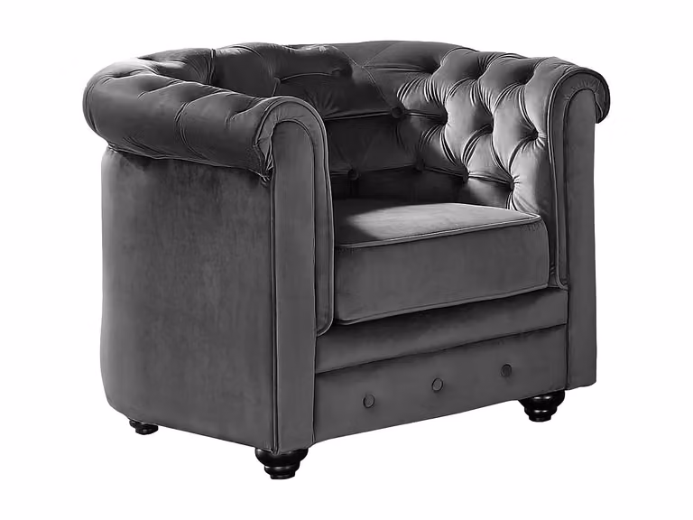 Sillón Chesterfield Vente-Unique de terciopelo gris antracita con estructura de madera sólida