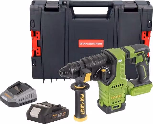 Taladro Percutor Sin Cable Procraft PHA30BB 20 V 2,8 J SDS Plus Brushless Color Verde con Batería 2,0 Ah, Cargador y Maletín Rhino